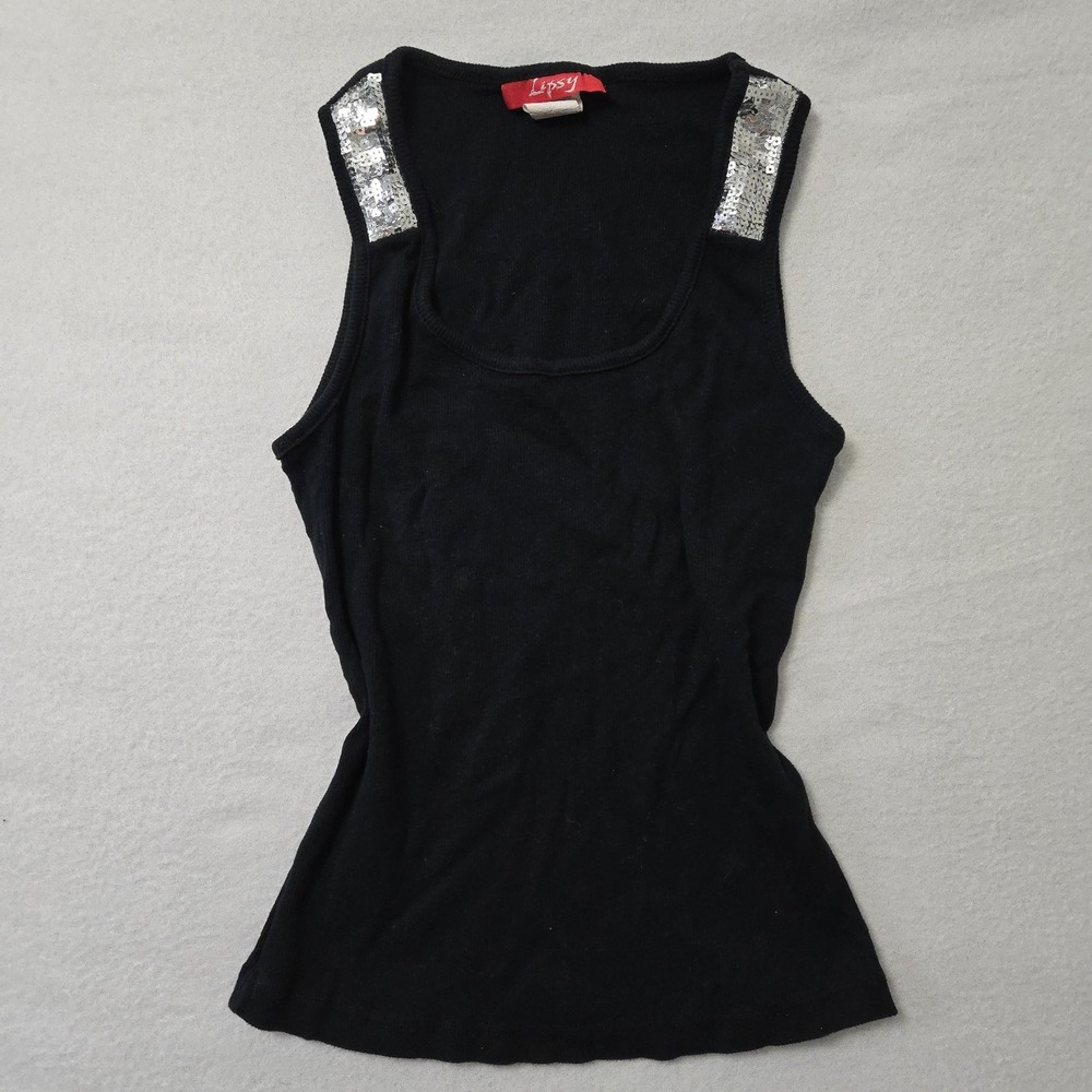 Vintage Y2k Lipsy Tank Top Large Black Silver Sexy Sequin Straps Cotton Glam Top